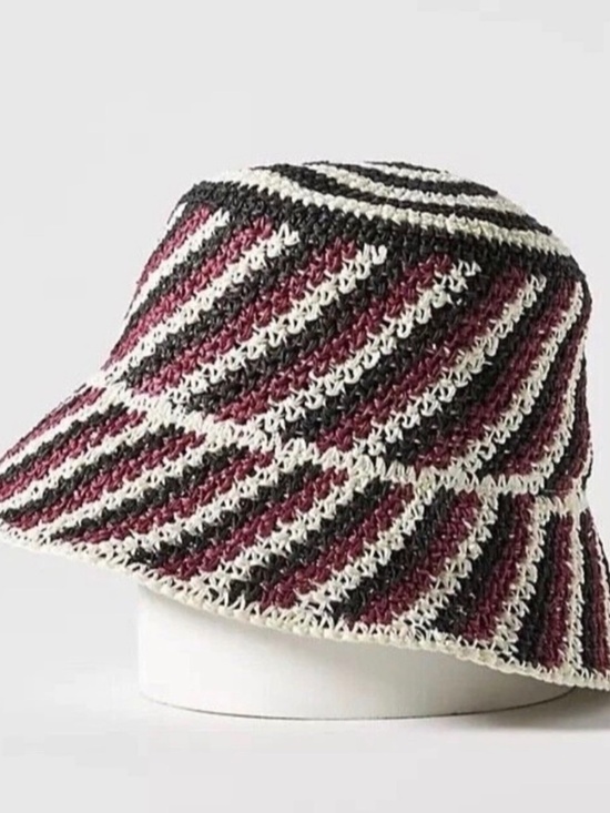 Anthropologie Crochet Bucket Hat Huayi Black Cream Stripe Sun Hat NWT $78